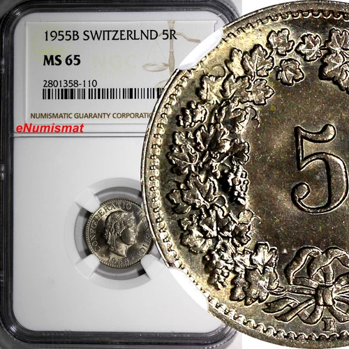 SWITZERLAND Copper-Nickel 1955 B 5 Rappen NGC MS65 HELVETICA KM# 26 (110)