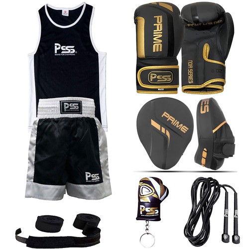 Kids Boxing Set Boxing Gloves Uniform Focus Pad Hand Wrap Skipping Rope Key Ring - Picture 1 of 13