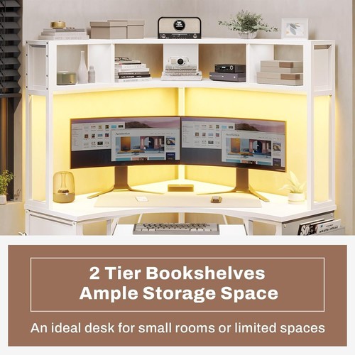 Corner Desk, Small Computer Desk with Hutch &LED Lights Small Office Desk, White - Picture 4 of 8