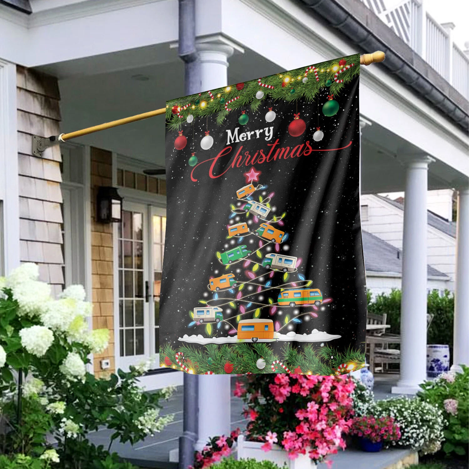 School Bus Christmas Tree lights Flag, School Bus  Merry Christmasflag