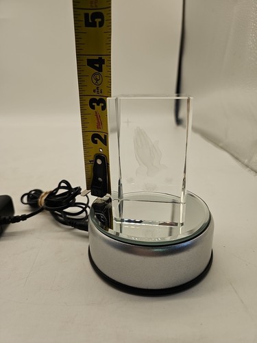 3D Laser Etched Crystal Cube Praying Hands And Cross 2”x 3” On Lighted Stand - Picture 8 of 9