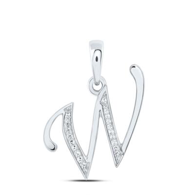10K White Gold Baguette Diamond Women's Script Font Initial W Pendant 1/12 CT