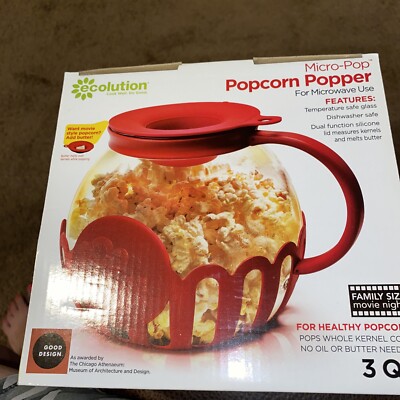 Ecolution Micro-Pop 3 Qt. Glass Popcorn Popper - Red - BRAND NEW