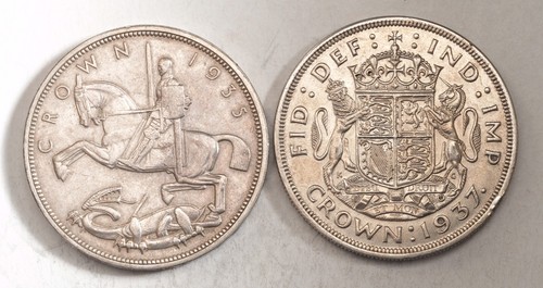 1935/1937, Great Britain, George V/VI. Large Silver Crown Coins. (AU-UNC) 2pcs!