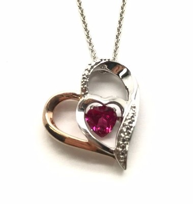 Silber 925 bicolor rosa Turmalin drehendes Herz Diamant Liebe Anhänger Halskette