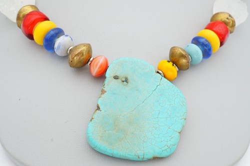 Bead Necklace Brass Silver Tone Turquoise Quartz Glass 20" - Picture 4 of 11