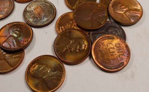 (50) Gem BU + RAINBOW TONED 1940's+1950's Lincoln Wheat Penny Cent Roll - Imagen 4 de 7