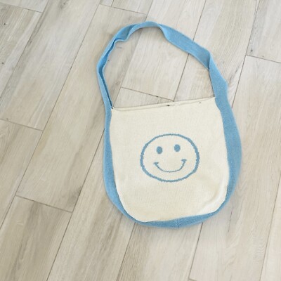 GYTO GET YOUR TEACH ON Blue Ivory Smiley Face Knit Crossbody Shoulder Bag