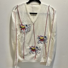 Vintage Cream White Embroidered Elephant Knit V-Neck Sweater