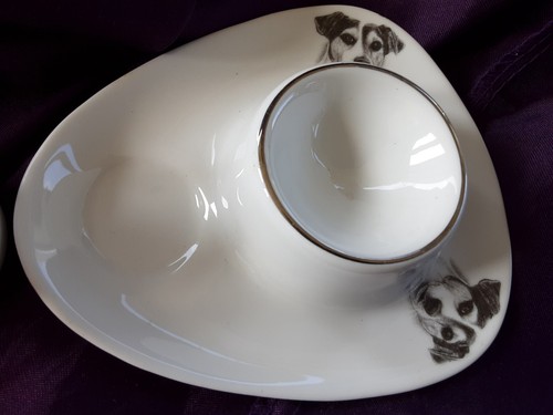 Stunning Egg Cup & Miniature Salt Pot White Ceramic Grey Terrier Silver Rim - Picture 3 of 7