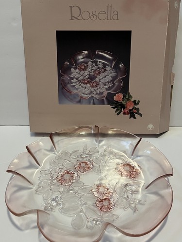 MIKASA ROSELLA Crystal Frosted Pink Satin Cranberry Floral Serving Platter BOXED - Picture 2 of 14