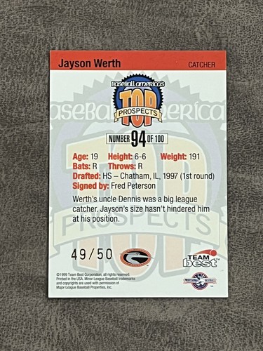 1999 Team Best Jayson Werth #94 NM-MT MILB Rookie RC! Gold Top Prospects 49/50 - Picture 2 of 2