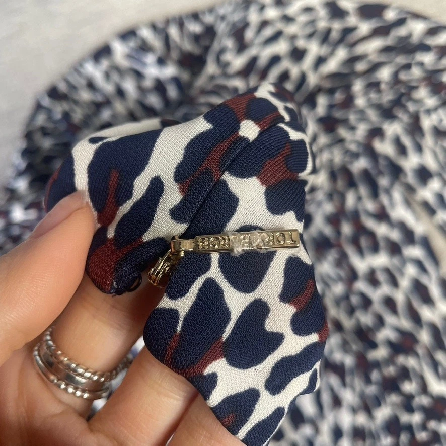 Abito midi elasticizzato TORY BURCH blu medio marrone leopardato ghepardo manica 3 4