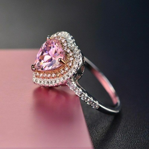 2CT Heart Cut Pink Sapphire Halo Lab-Created Wedding Ring 14K White Gold Plated - Picture 4 of 8