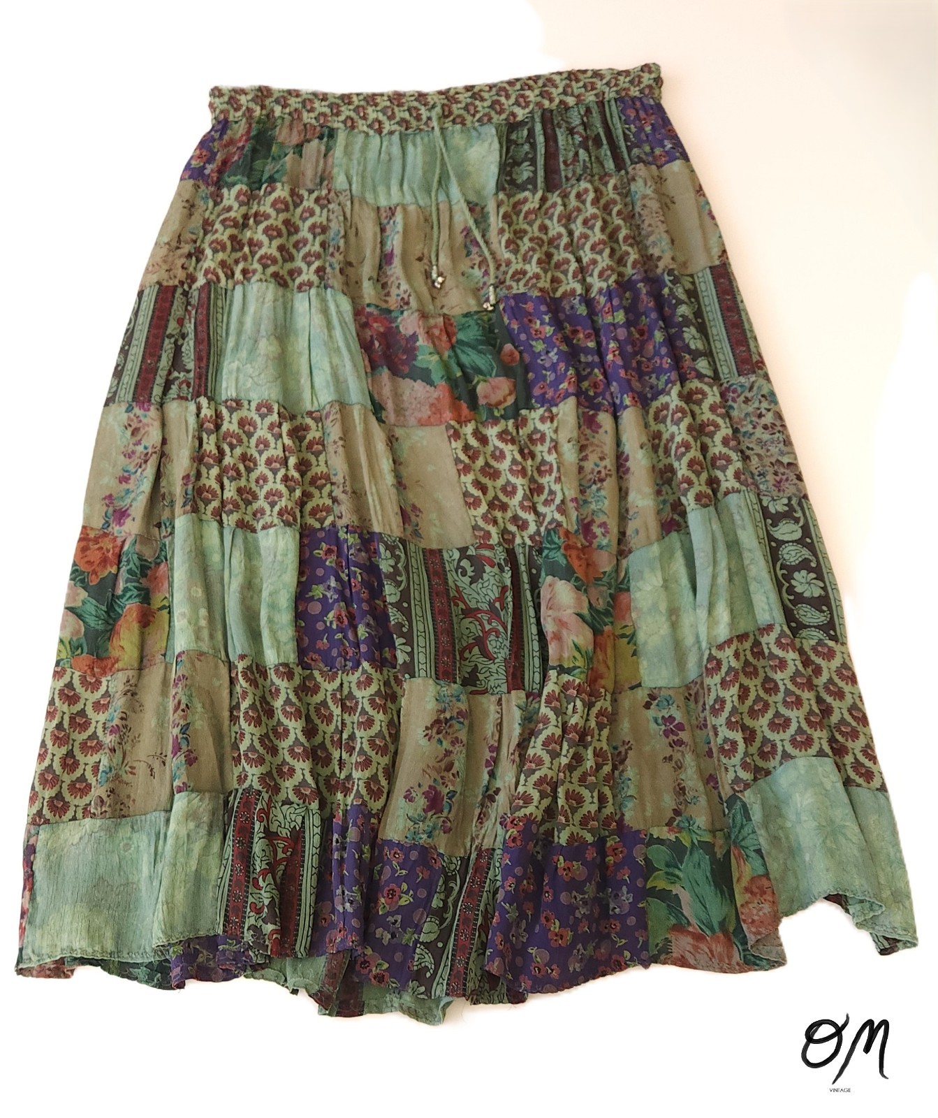 Sacred Threads Tiered Boho Patchwork Green Floral… - image 1