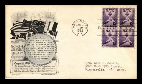 US COVER NATO FIRST DAY ISSUE SCOTT 1008 BLOCK OF 4 LOWRY ARISTOCRATS CACHET