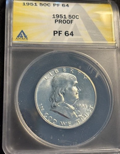 1951 PROOF Franklin Half DOLLAR, ANACS PF 64, Very Nice For The Grade, Silver