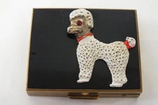 Vtg 1950s 1960s Black Gold Poodle Powder Compact Relief Dog Red Rhinestone Eye