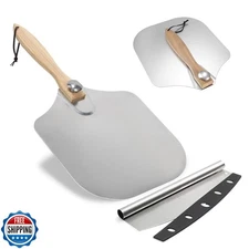 SKH Premium Aluminum Pizza Peel with Foldable Wooden Handle and Rocker Cutter