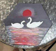 Handmade Hexagonal Canvas: Sunset Scene with Two Graceful Swan Couple, 24x24 CM