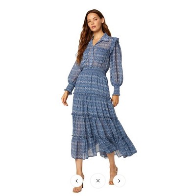MISA Los Angeles Womens XS Marjan Dress Blue Astra Smocked Tiered Midi Lurex