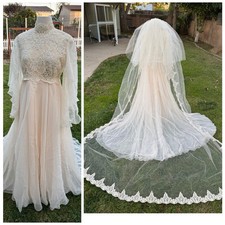 Vtg 70  s Wedding Dress Cathedral Veil Angel Wing Sleeves Lace High Neck S/M Boho