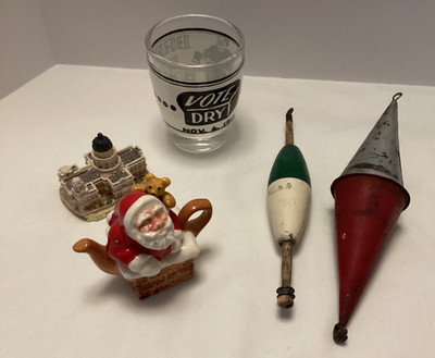 LOT of Knick Knacks - Vote Dry Shot Glass/Santa Tea Pot/Mini Cathedral/Lures