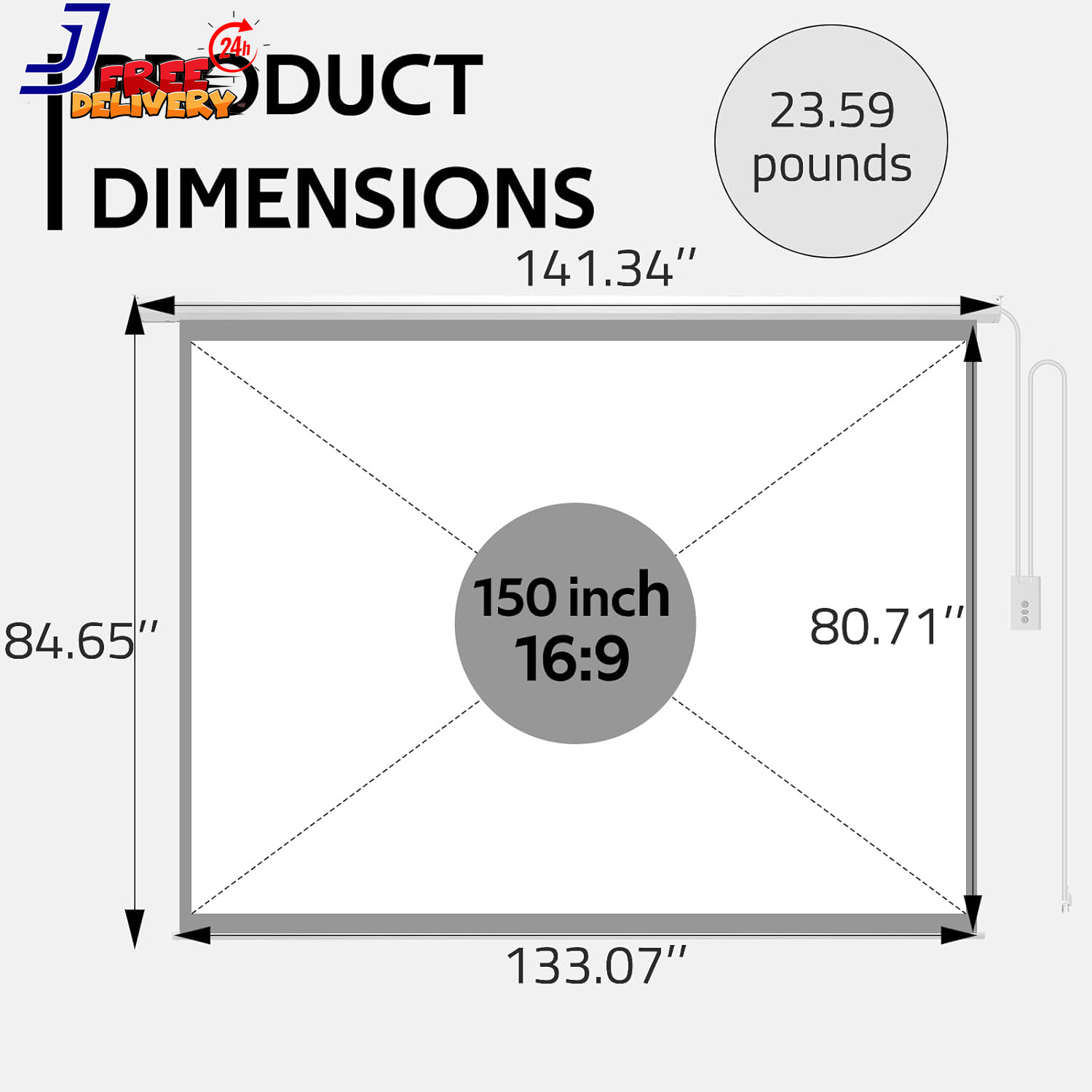 150" Projector Screen Motorized 16:9 4K HD Pull Down 150 INCH 16:9 US ONLY