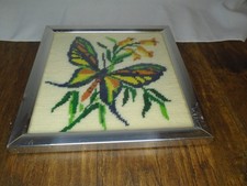 Vintage 70s Framed Butterfly Cross Stitch Needlepoint Art Collectible Colorful