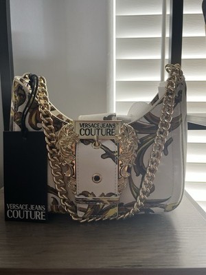 Versace Jeans Couture White Brown Baroque Print Shoulder Bag Gold Hardware