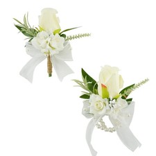 White Corsage and Boutonniere Set for Wedding Prom Artificial Rose Flower H...