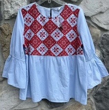 Crown & Ivy Embroidered Peasant Blouse Size L Bohemian Blue Red Smocked Cotton