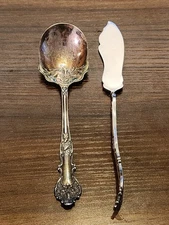 1847 Rogers Bros Silverplate Charter Oak Acorn Set Sugar Spoon & Butter Knife