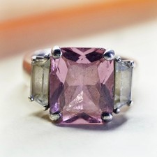 Size 8.25, Vintage Sterling 925 silver ring with square pink Quartz clear cz
