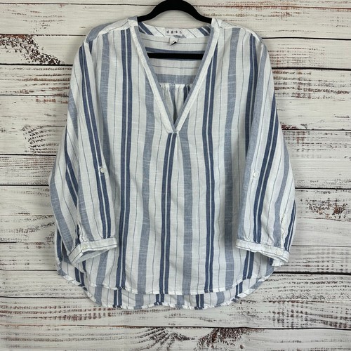 Womens DASH White & Blue Stripe Cotton V Neck Casual Pullover Top Coastal 2X - Picture 2 of 5