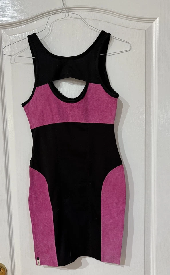 VESTIDO BODYCON DE GAMUZA ROSA NEGRO "TARANTINO" UNA CUCHARADITA $260 XS US TALLA 2 (A289) Foto 2 de 4