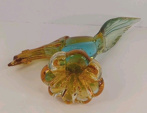 Murano Art Glass Mid-Century Green/yellow Pheasant / Roadrunner 10" - 第 9/9 張圖片