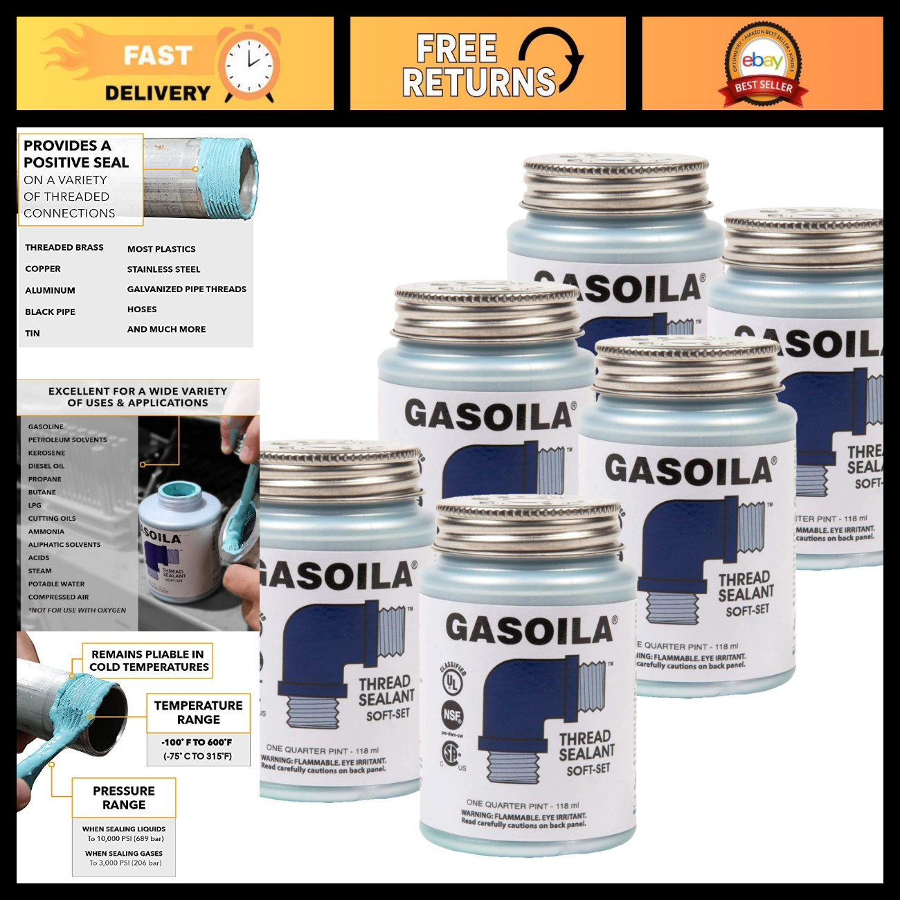 Non-Hardening Pipe Thread Sealant Paste for Metal & Plastic - 1/4 Pint, 6 Pack