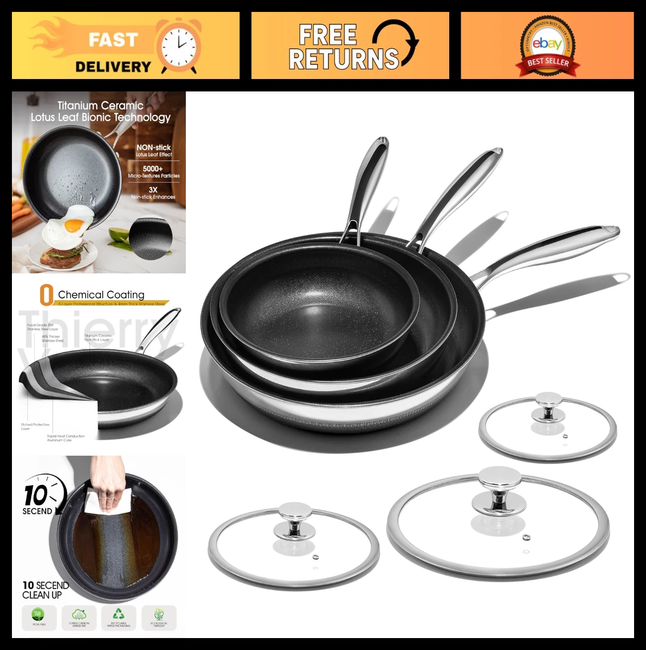 Nonstick Ceramic Frying Pan Set - 8", 10", 12" Skillets, Stay-Cool Handle, Oven