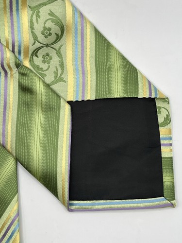 VERONELLI POLYESTER LIME GREEN YELLOW STRIPED FLORAL NECKTIE 4" WIDE SPRING - Picture 2 of 8