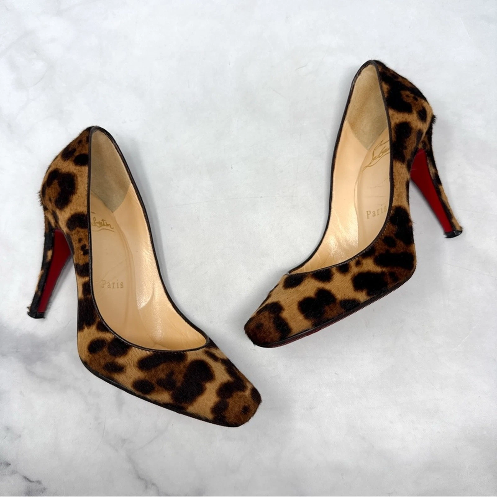 Christian Louboutin — Christian Louboutin Particule 100 Leopard Calf Hair Leather Square Toe Pump Heel