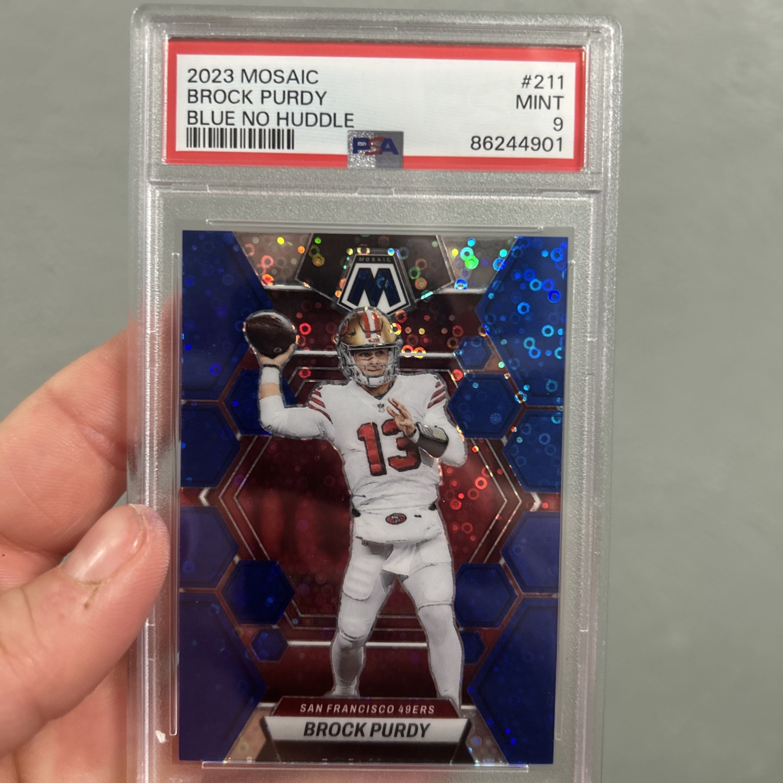 2023 Panini Mosaic #211 Brock Purdy No Huddle Blue (03/75)