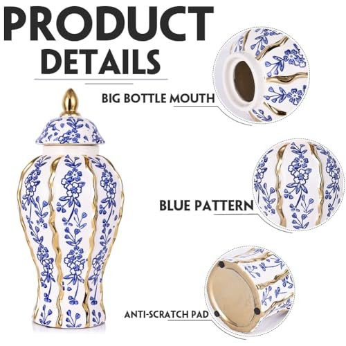 18.1in White and Gold Blue Luxury Ceramic Ginger Jar with Lid - Modern - Picture 4 of 7