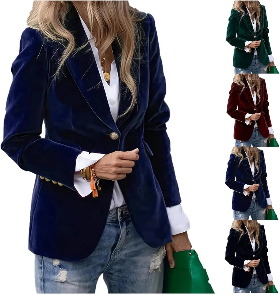 Женский бархатный блейзер куртки винтажный бизнес повседневный блейзер на пуговицах - Изображение 2 из 4