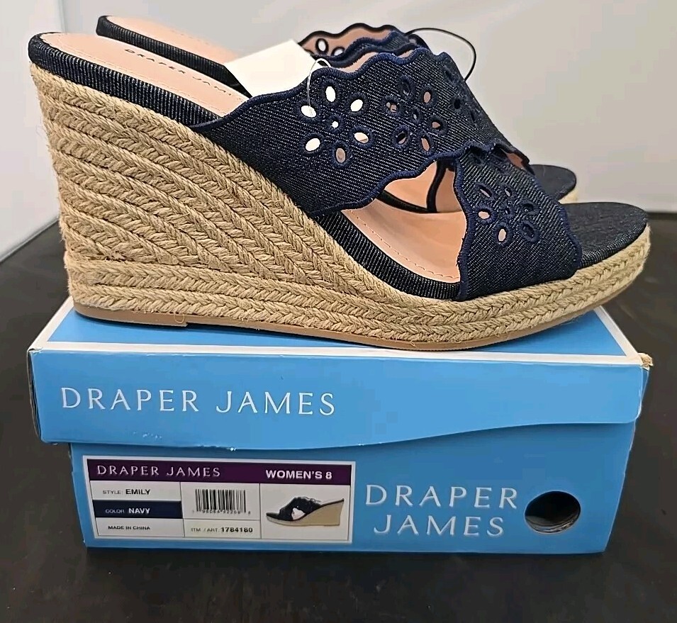 NIB Draper James Ladies Wedge Sandal Shoe Navy Blue Denim Size