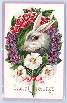 C1910 Easter Greetings Embossed Postcard-White Rabbit Framed by Flowers