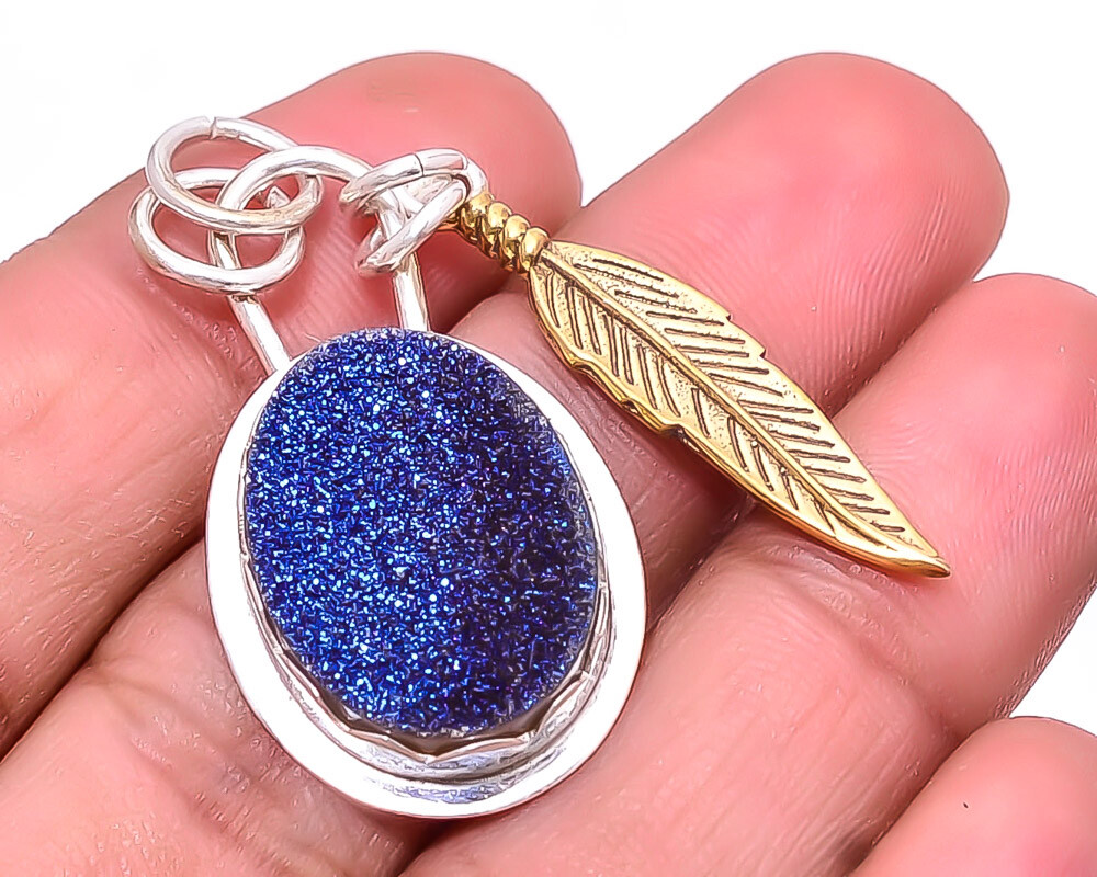 Electric Blue Titanium Agate Drusy 925 Sterling Silver Two Tone Pendant 1.95