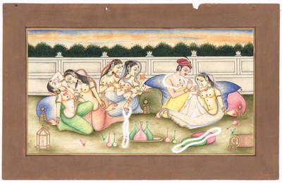 Mughal Harem Art Emperor Akbar & Semi Nudes Women in Love Scene 12x7.75 Inches