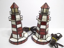 Lighthouse Table Lamps Night Lights Stained Glass Tiffany Style Set Red White