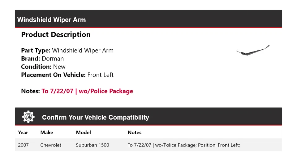 Brazo limpiaparabrisas delantero izquierdo Chevrolet Suburban 1500 Dorman 2007 Foto 2 de 4